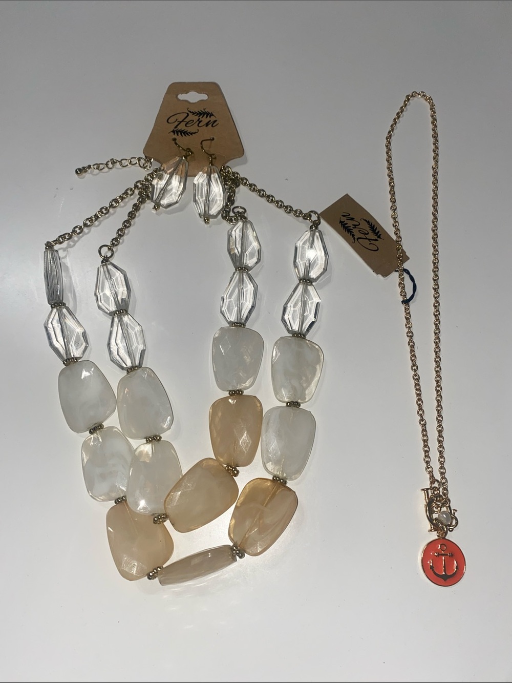 Fern Multi-Strand Beaded Necklace Pearl Tone Clear Beads Gold Tone and Earrings